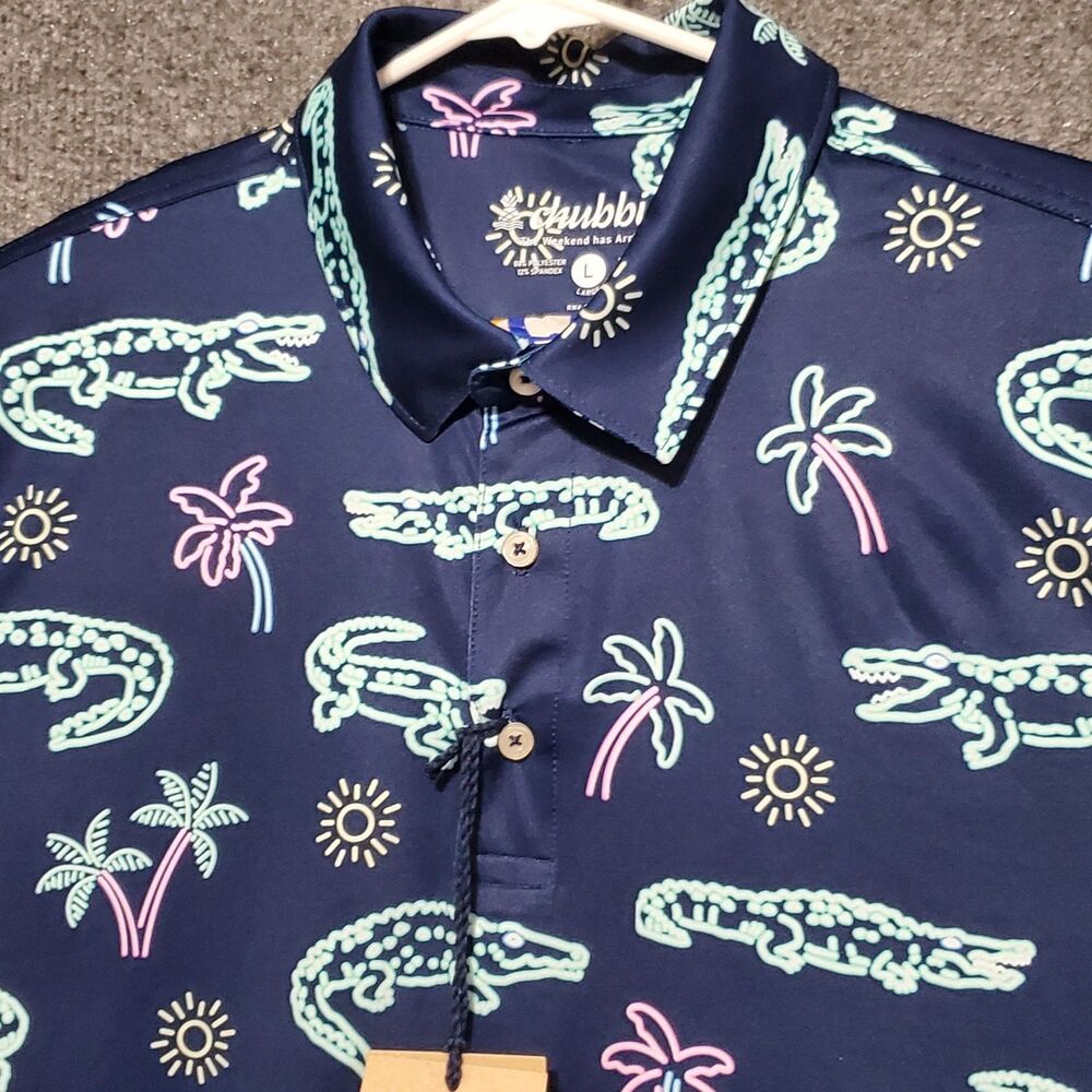 NWT Chubbies Mens The Neon Glade Performance Polo 2.0 Large Navy Alligator Print